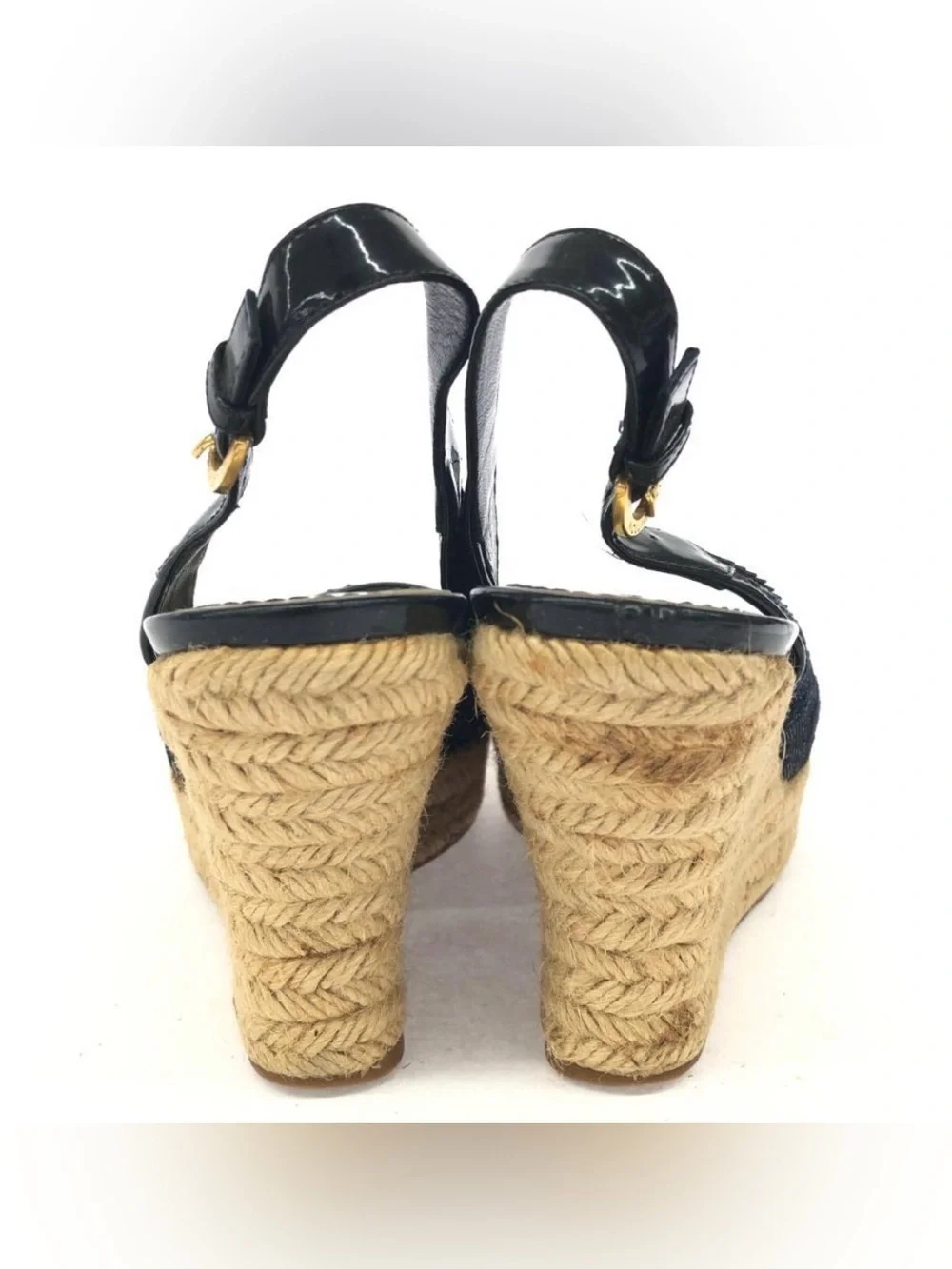Louis Vuitton Denim/Patent Leather Espadrille Wedge Sandals | Size 6.5 US (36.5)